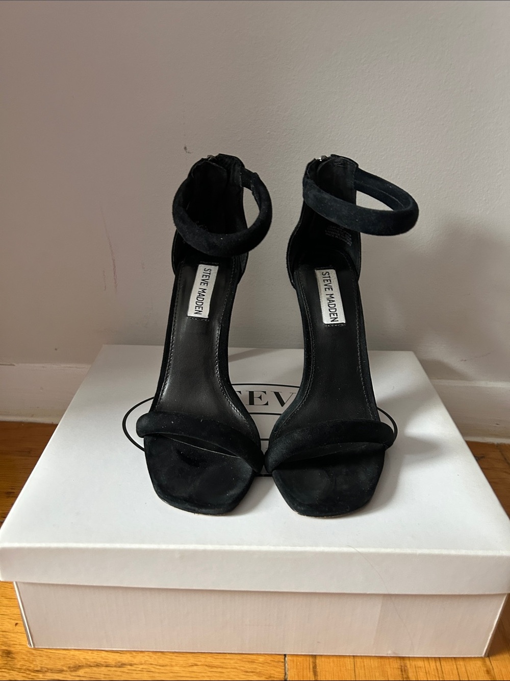 Steve Madden Fancci Black Suede Ankle-Strap Stiletto Sandals